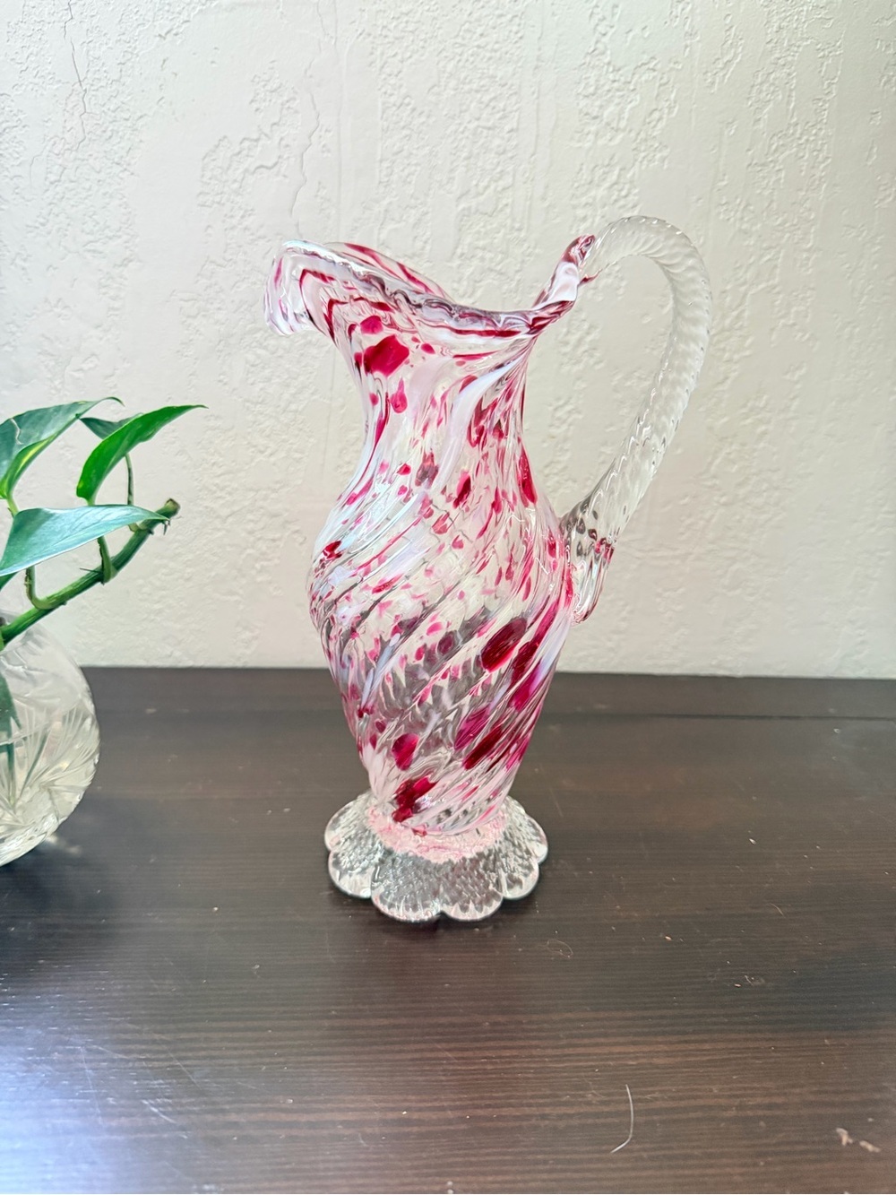 Handblown red  Swirl Art Glass Pitcher - Unbranded